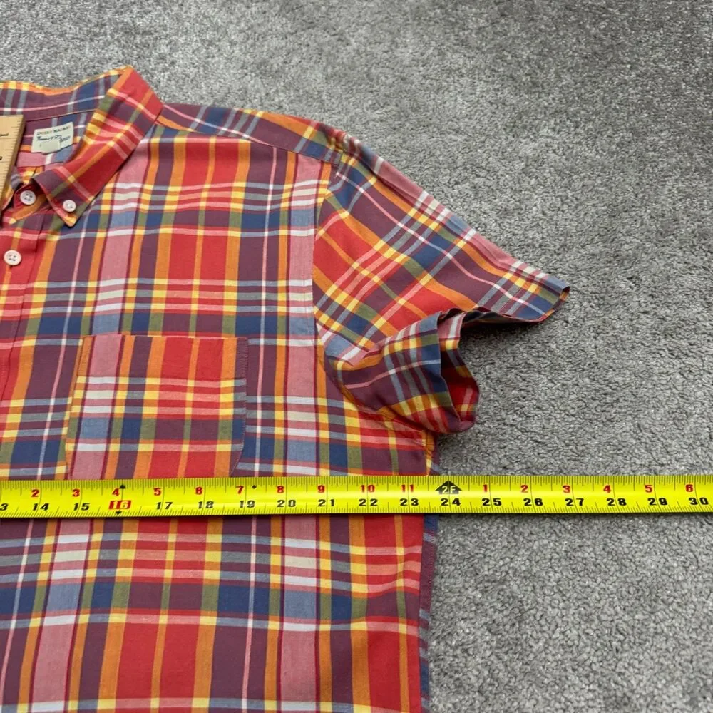 J.Crew Indian Madras Button Up Shirt Men XL Red Plaid Short Sleeve 100% Cotton